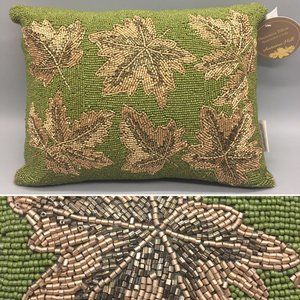 Autumn Hill Beaded Green Gold Fall Maple Leaf Lumbar Pillow Fall Decor 12x16